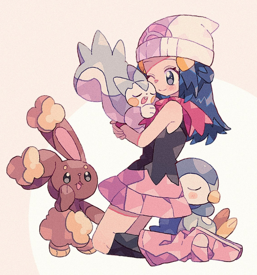 1girl, blue_eyes, blue_hair, boots, buneary, closed_eyes, full_body, hair_ornament