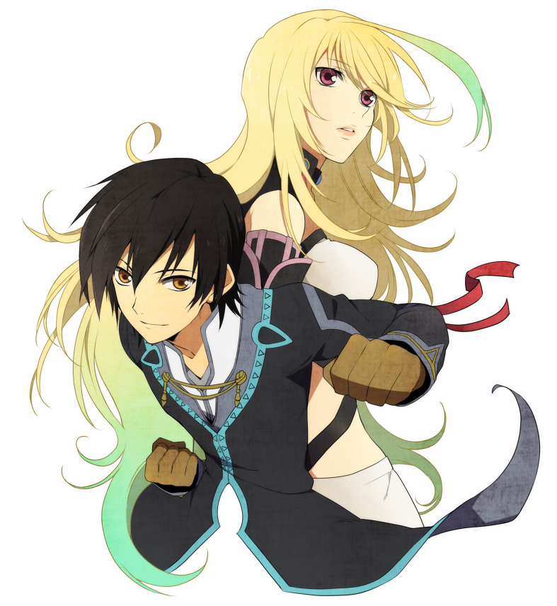 1girl, bad_id, black_hair, blonde_hair, brown_eyes, gloves, gradient_hair, green_hair, jude_mathis, milla_maxwell, mira_maxwell, multicolored_hair, red_eyes, tales_of_(series), tales_of_xillia, white_background, yuzumame