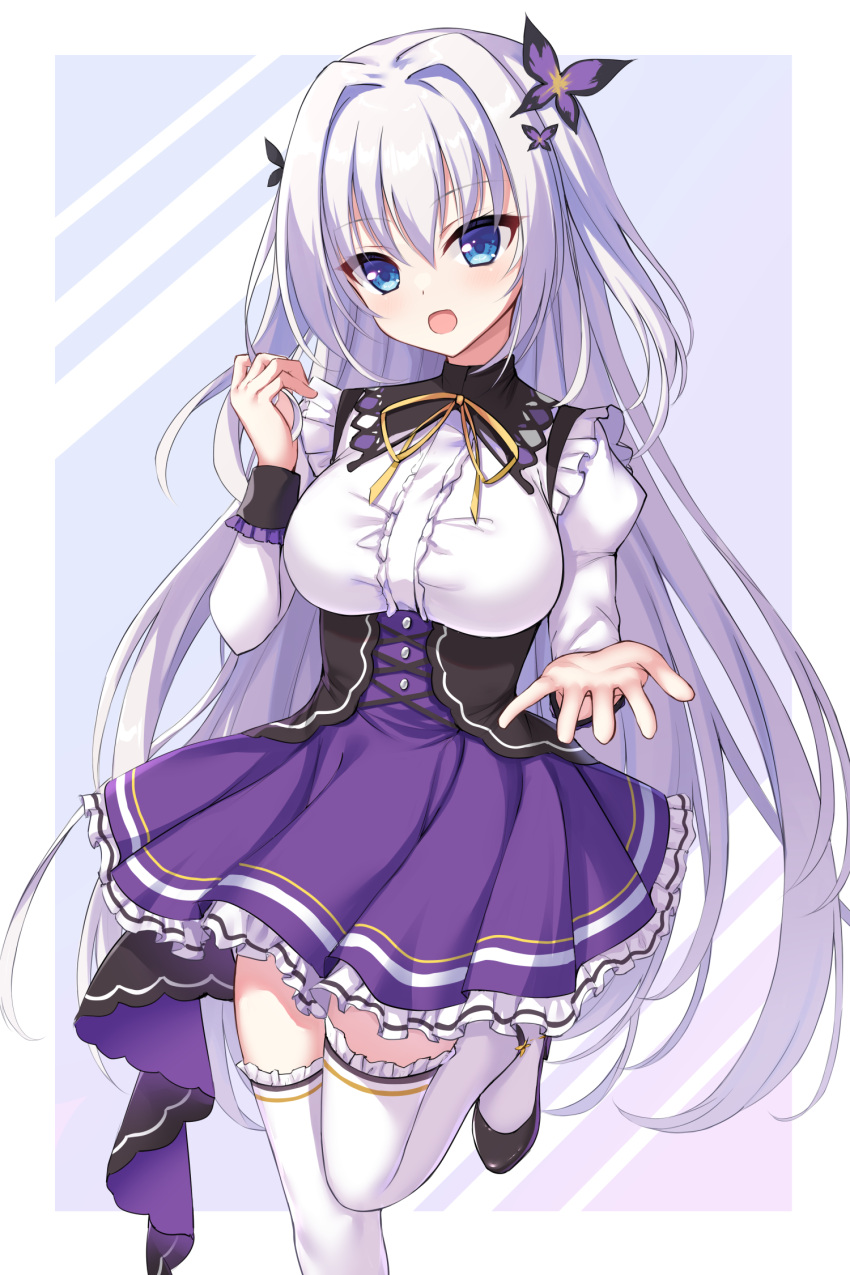 1girl, :d, black_footwear, blue_eyes, blush, border, breasts, butterfly_hair_ornament