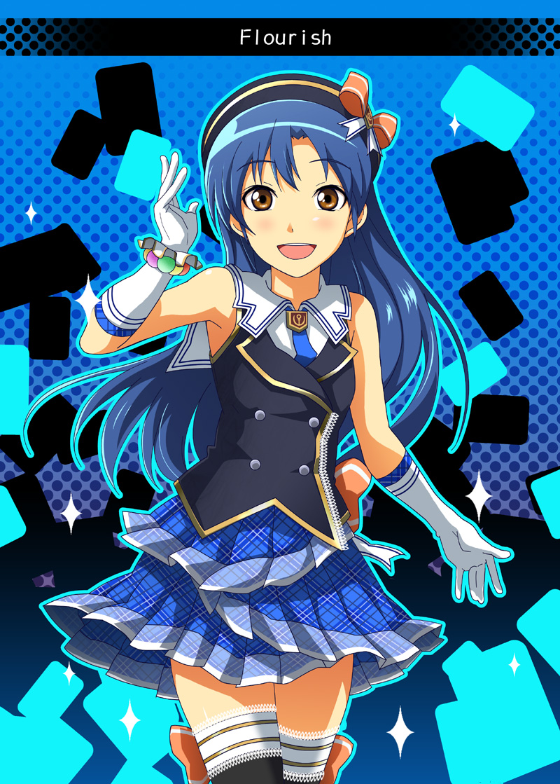apr, black_legwear, black_thighhighs, blue_hair, brown_eyes, gloves, hat, idolmaster