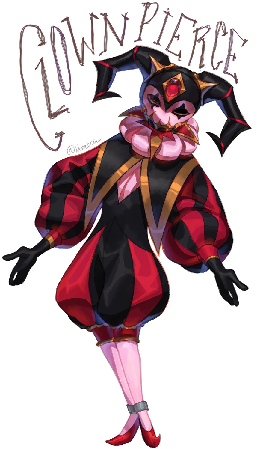 1boy, character_name, clownpierce, commentary, connor_(nopedog), demon_horns, english_text, forehead_jewel