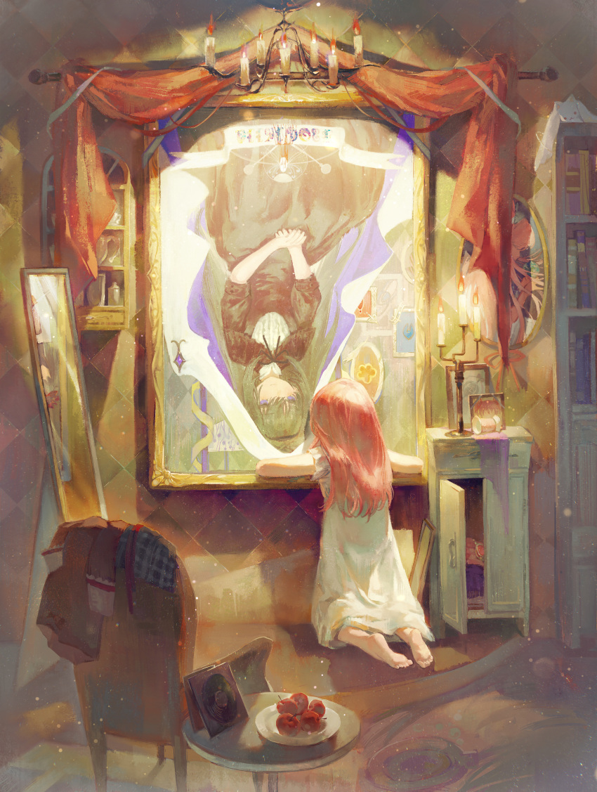 2girls, absurdres, akemi_homura, akemi_homura_(black_dress), alternate_costume, apple, armchair, barefoot