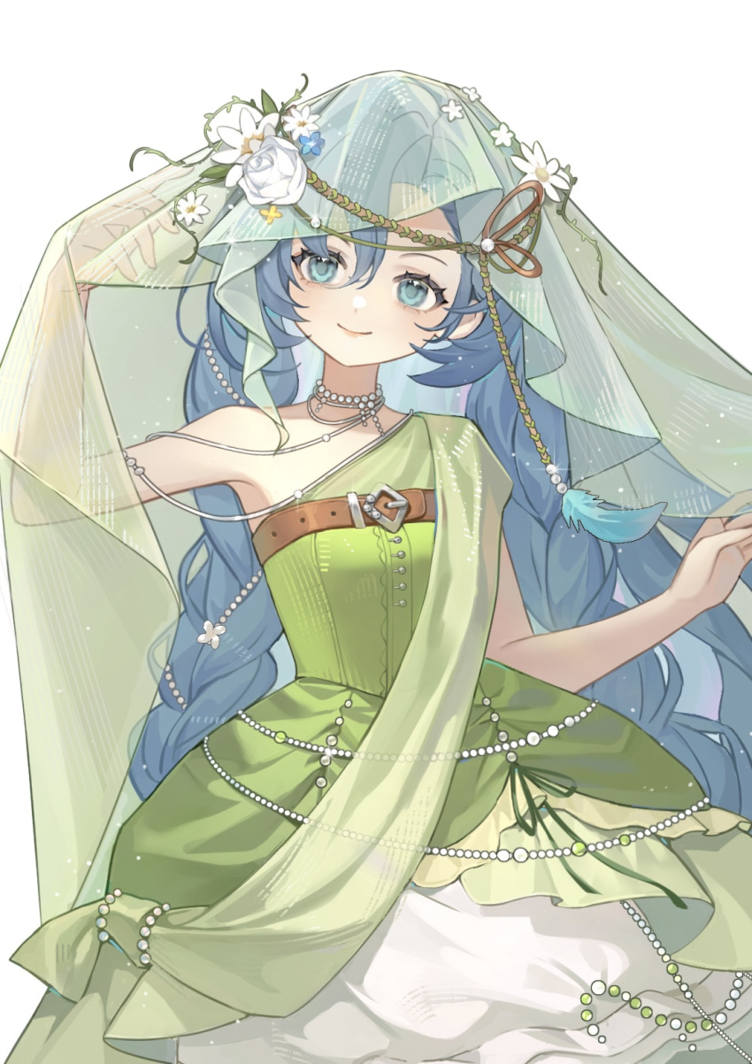 1girl, 37_(happy_bird_catcher)_(reverse:1999), 37_(reverse:1999), arm_up, belt, blue_eyes, blue_hair, brown_belt