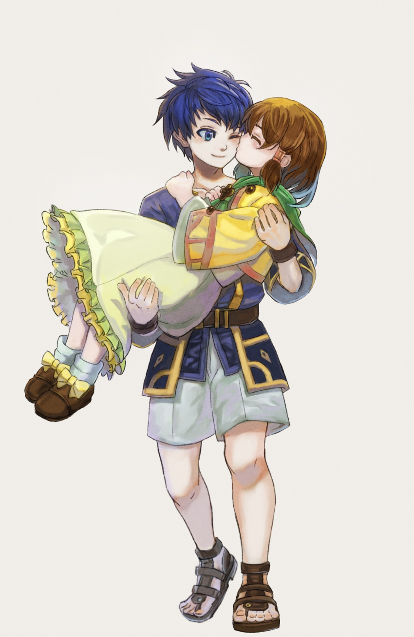 1boy, 1girl, blue_eyes, blue_hair, bow, brother_and_sister, brown_flower, brown_hair