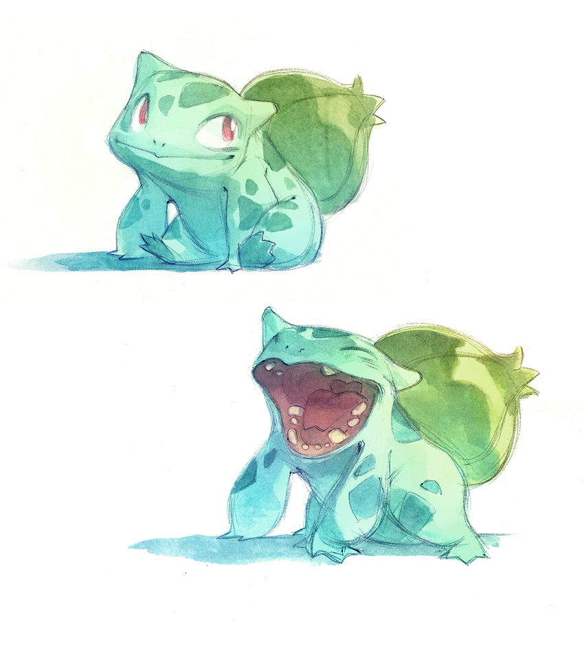 animal_focus, bulbasaur, closed_mouth, nicholaskole, no_humans, open_mouth, pokemon, pokemon_(creature), red_eyes, sitting, smile, teeth, white_background, yawning