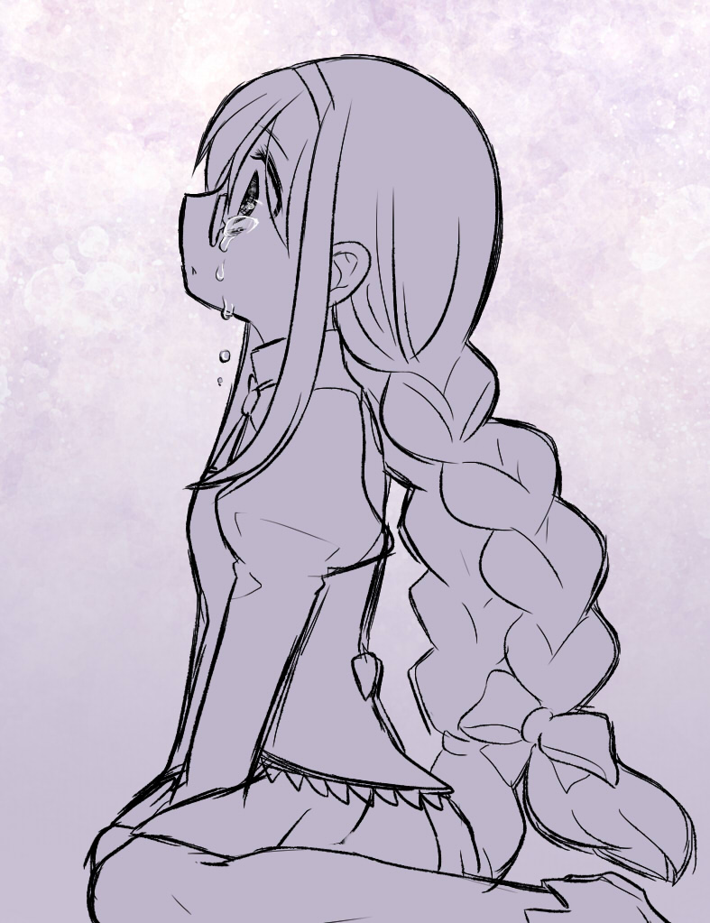 1girl, akemi_homura, aroze, back_bow, bow, bowtie, braid, collared_shirt, commentary_request, crying, crying_with_eyes_open, from_side, full_body, glasses, gradient_background, hair_bow, hairband, hands_on_lap, high_collar, juliet_sleeves, kneeling, knees, lace-trimmed_shirt, lace_trim, loafers, long_hair, long_sleeves, looking_ahead, low_twin_braids, mahou_shoujo_madoka_magica, mahou_shoujo_madoka_magica_(anime), miniskirt, mitakihara_school_uniform, parted_lips, pleated_skirt, pointy_nose, puffy_sleeves, purple_background, purple_theme, sad, school_uniform, shirt, shoes, skirt, solo, tears, twin_braids, very_long_hair, wide-eyed