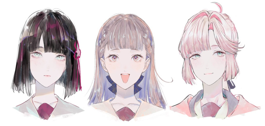 3:, 3girls, :3, :d, ahoge, anyoji_hime, black_hair, black_ribbon