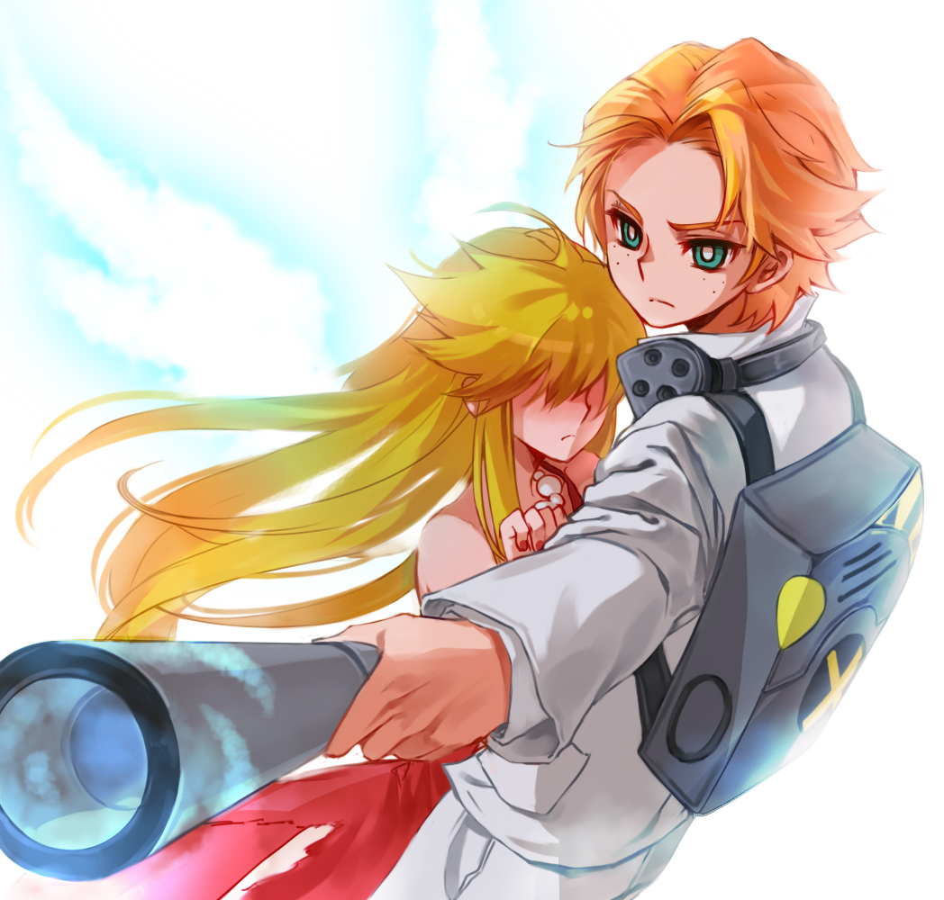 1boy, 1girl, alternate_hairstyle, bad_id, bare_shoulders, blonde_hair, brief_(character), brief_(psg)