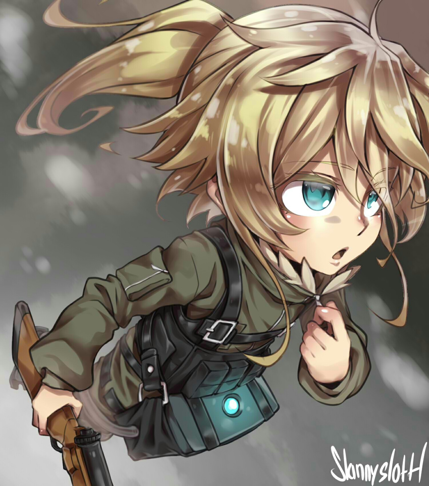 1girl, blonde_hair, blue_eyes, child, flat_chest, gun, highres, holding