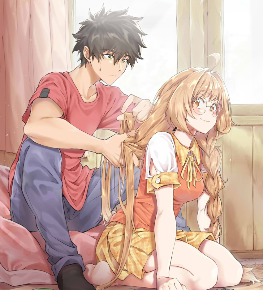 1boy, 1girl, black_hair, black_socks, bow, braid, brown_eyes, brown_hair, character_request, collarbone, copyright_request, couple, curtains, feet, glasses, highres, kneeling, long_hair, looking_at_another, red_shirt, shirt, short_sleeves, skinnysloth, skirt, smile, socks, spiky_hair, sweatdrop