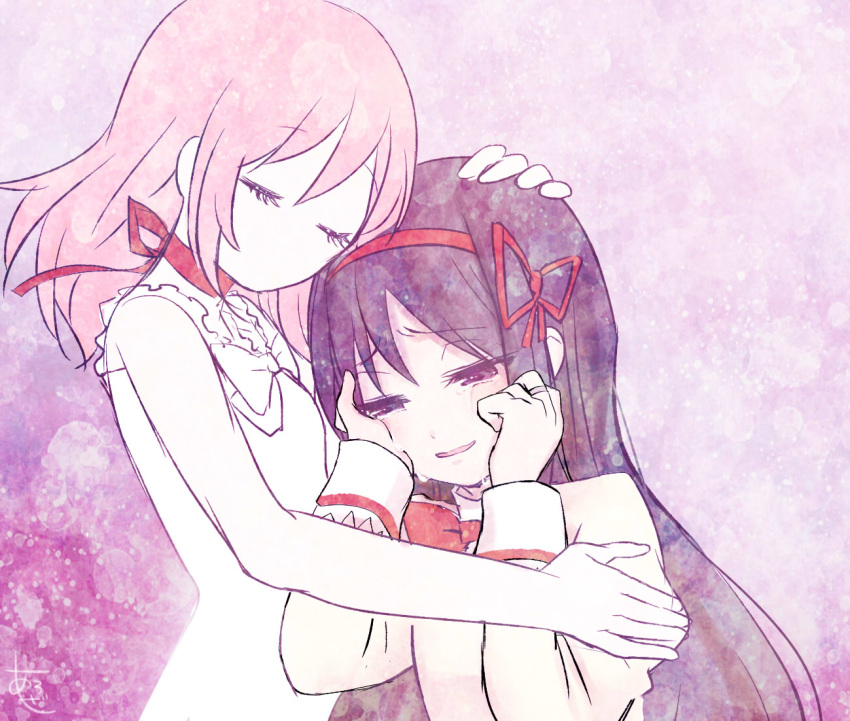 2girls, akemi_homura, alternate_costume, aroze, bare_arms, bare_shoulders, black_hair, bow