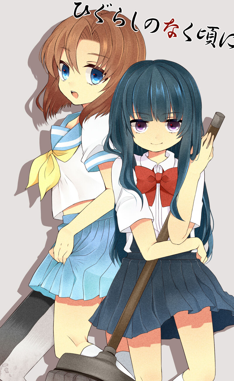 bad_id, billhook, blue_eyes, blue_hair, bow, brown_hair, furude_rika, highres