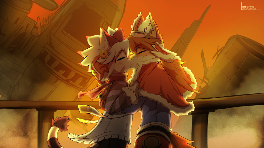 1boy, 1girl, absurdres, basset_(solatorobo), capelet, closed_eyes, elh_melizee, fur-trimmed_capelet