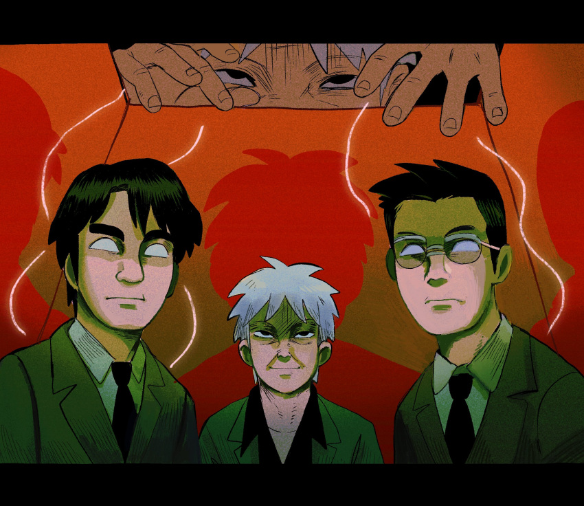 3boys, akagi_shigeru, black_eyes, black_hair, black_necktie, black_shirt, blank_eyes, blazer