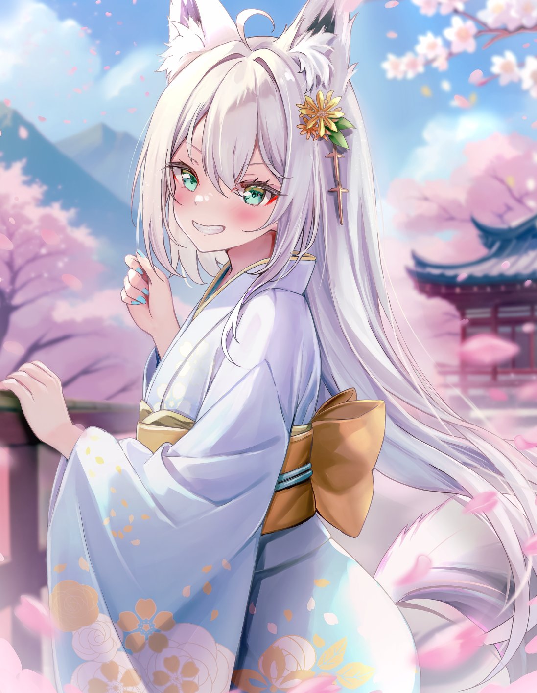 1girl, against_railing, ahoge, alternate_costume, animal_ear_fluff, animal_ears, aqua_eyes, blush, cherry_blossoms, derk_maxx, eyelashes, fox_ears, fox_tail, grin, hair_intakes, hair_ornament, highres, hololive, japanese_clothes, kimono, long_hair, looking_at_viewer, nail_polish, railing, shirakami_fubuki, smile, solo, tail, virtual_youtuber, wide_sleeves