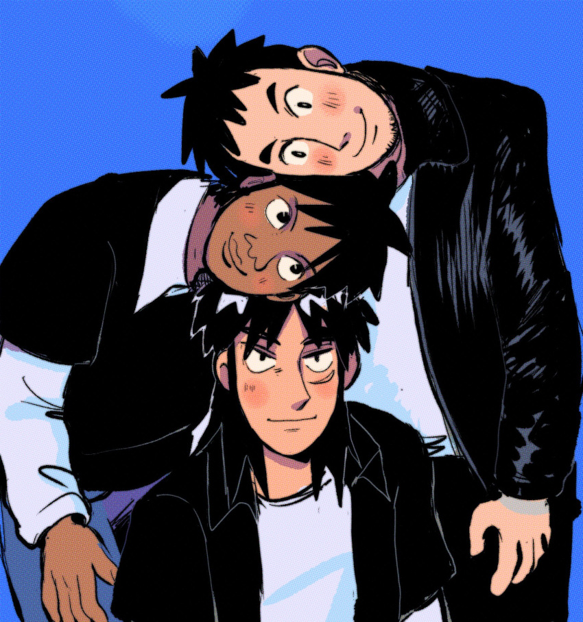3boys, black_hair, black_shirt, blue_background, chang_bowen, closed_mouth, collared_shirt, commentary_request