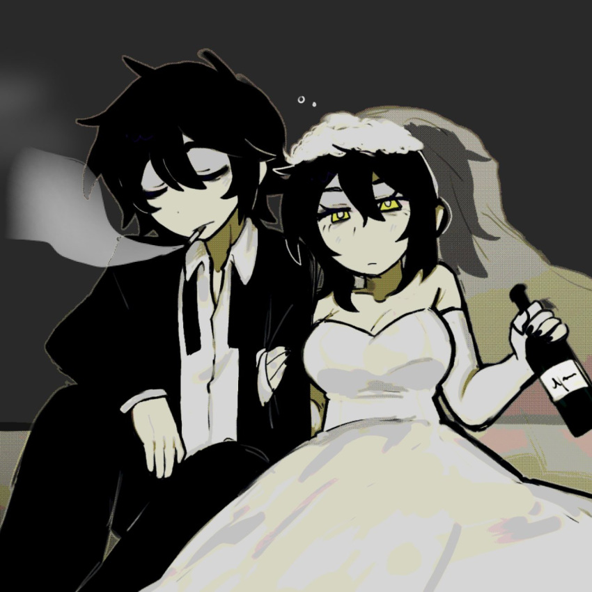 1boy, 1girl, andrew_graves, black_hair, bottle, breasts, bride, cigarette