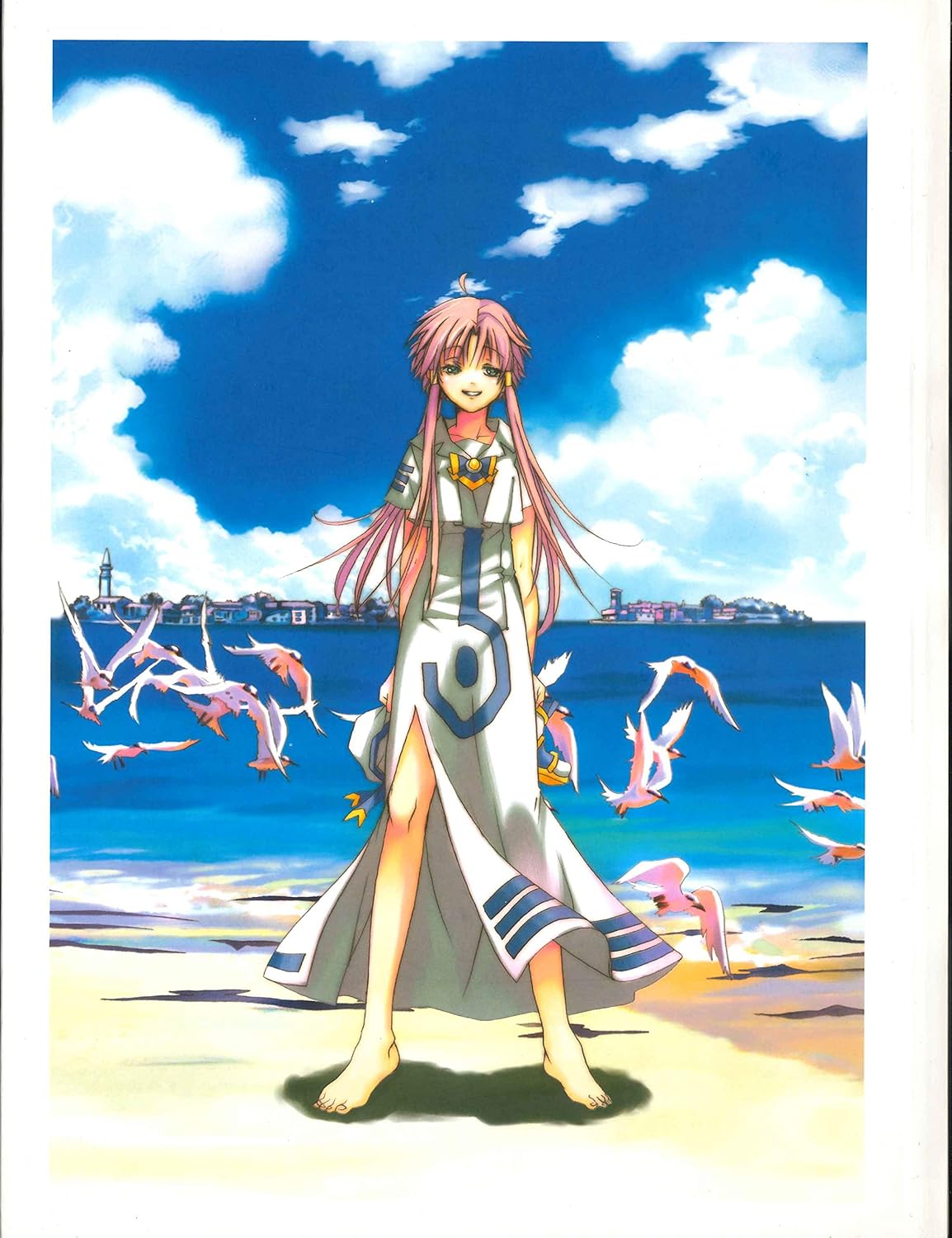 1girl, amano_kozue, aria_(manga), aria_company_uniform, arms_behind_back, barefoot, beach, bird