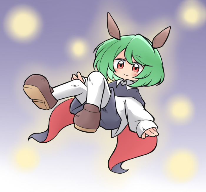 1girl, antennae, black_cape, black_shorts, blush, brown_footwear, cape, closed_mouth, collared_shirt, commentary_request, fireflies, flying, full_body, green_hair, kica28v, loafers, long_sleeves, looking_at_viewer, pantyhose, purple_background, red_cape, red_eyes, shirt, shoes, short_hair, shorts, smile, solo, touhou, two-sided_cape, two-sided_fabric, white_pantyhose, white_shirt, wriggle_nightbug