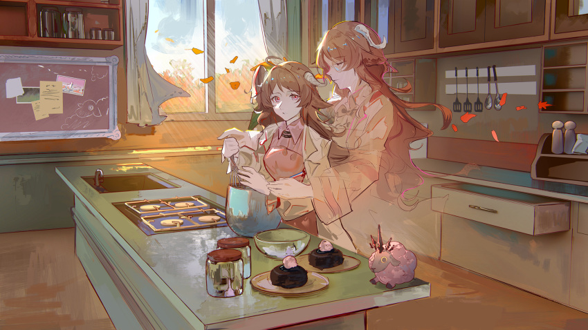 2girls, ahoge, arknights, autumn, bowl, brown_hair, coat, commission, commissioner_upload, cupboard, dolly_(arknights), drawer, eyjafjalla_(arknights), ghost, highres, holding, holding_whisk, horns, kitchen, lava_cake, magna_naumann, multiple_girls, naoel_(naoel_art), ponytail, purple_shirt, sheep, sheep_girl, sheep_horns, shirt, side_ponytail, sink, spatula, stuffed_toy, whisk, white_coat