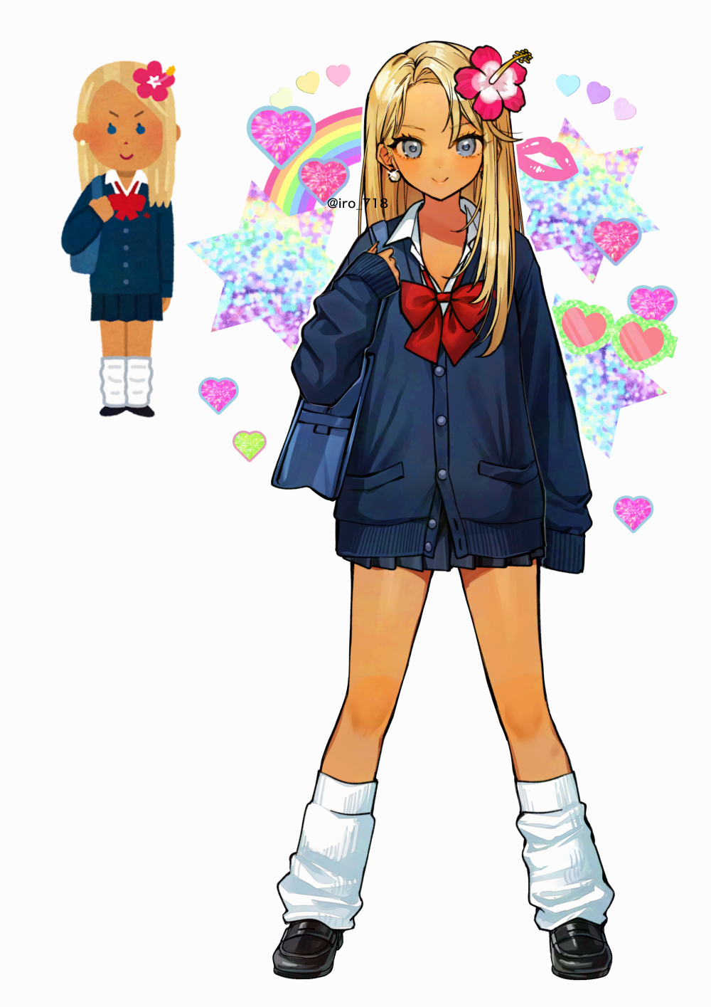 1girl, bag, black_footwear, blonde_hair, blue_skirt, bow, closed_mouth, dark-skinned_female