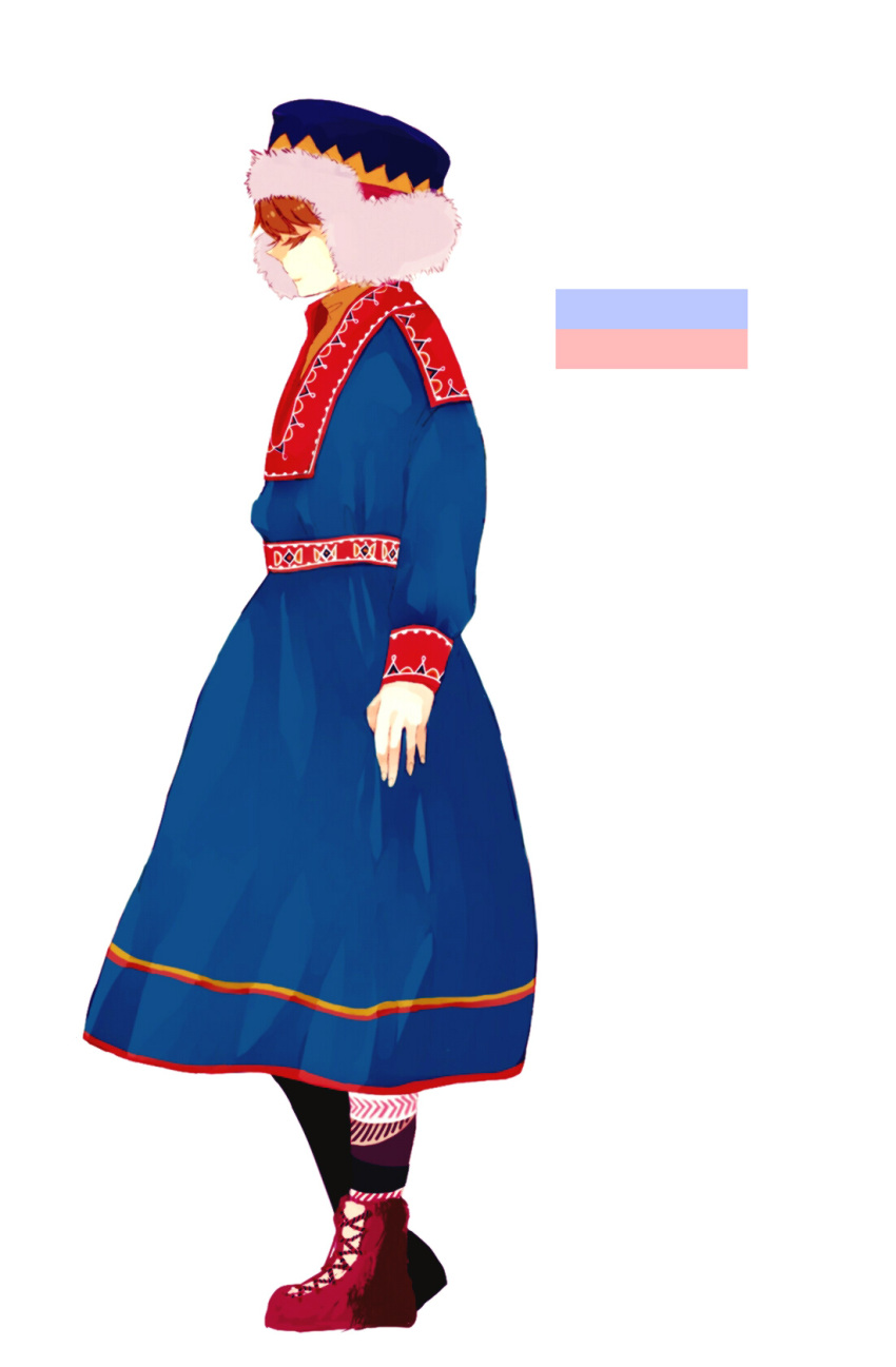 1girl, blue_dress, boots, brown_hair, colored_eyelashes, dress, full_body, fur-trimmed_headwear
