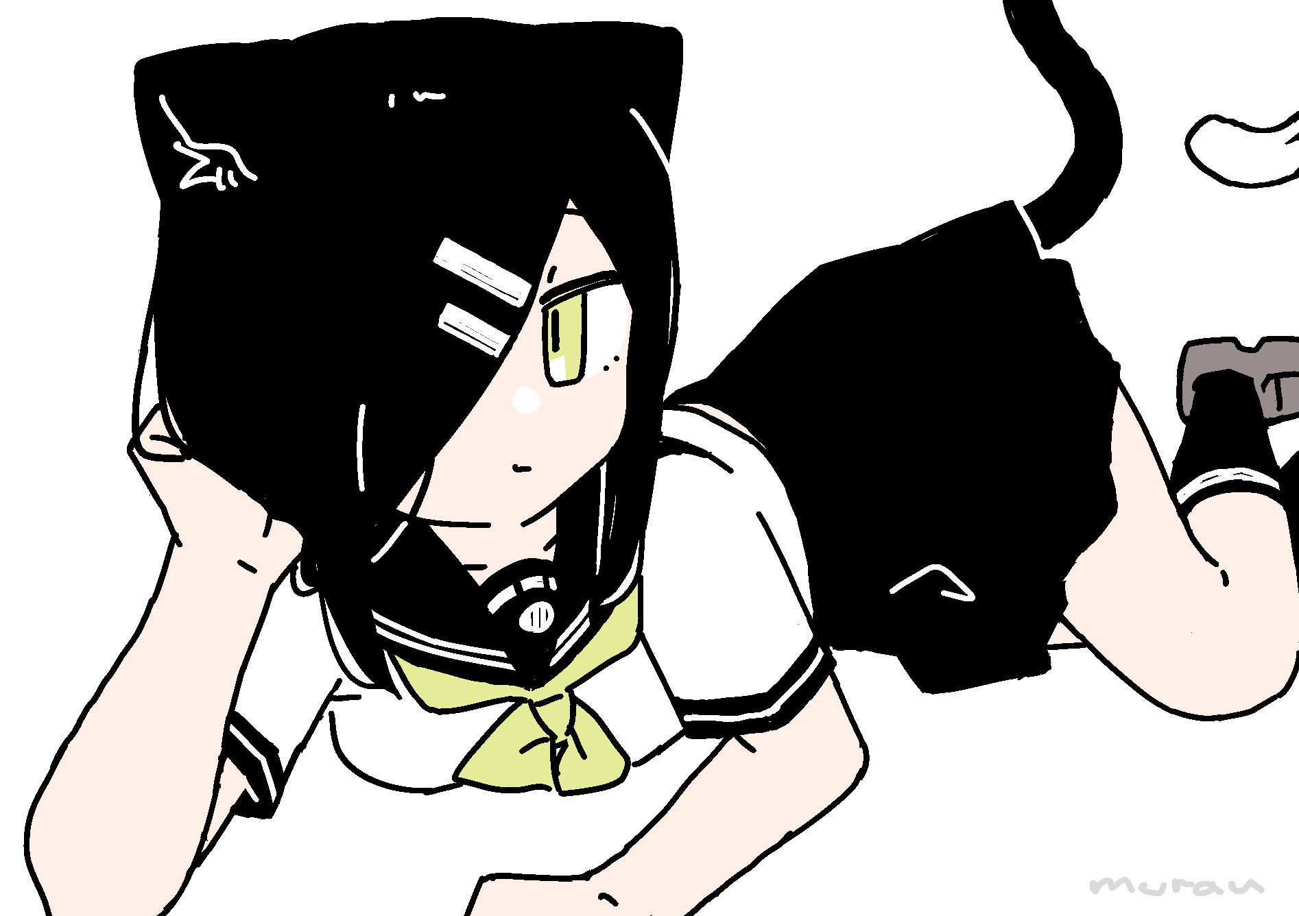 animal, animal_ears, black_hair, black_socks, cat, cat_ears, cat_girl, cat_tail, hair_ornament, hair_over_one_eye, highres, leather, leather_footwear, lying, original, rid0922, school, school_uniform, serafuku, simple_background, skirt, socks, tail, wuno-chan, yellow_eyes