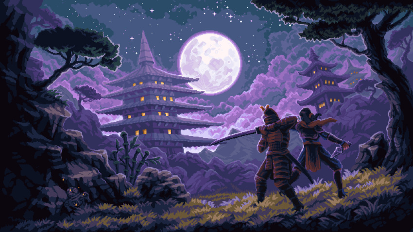 animated, animated_gif, architecture, armor, building, east_asian_architecture, fighting_stance, fireflies, full_moon, helmet, highres, holding, holding_sword, holding_weapon, japanese_armor, japanese_clothes, looping_animation, moon, namatnieks, nature, night, night_sky, original, outdoors, pixel_art, rock, samurai, scenery, sky, star_(sky), starry_sky, sword, tree, weapon