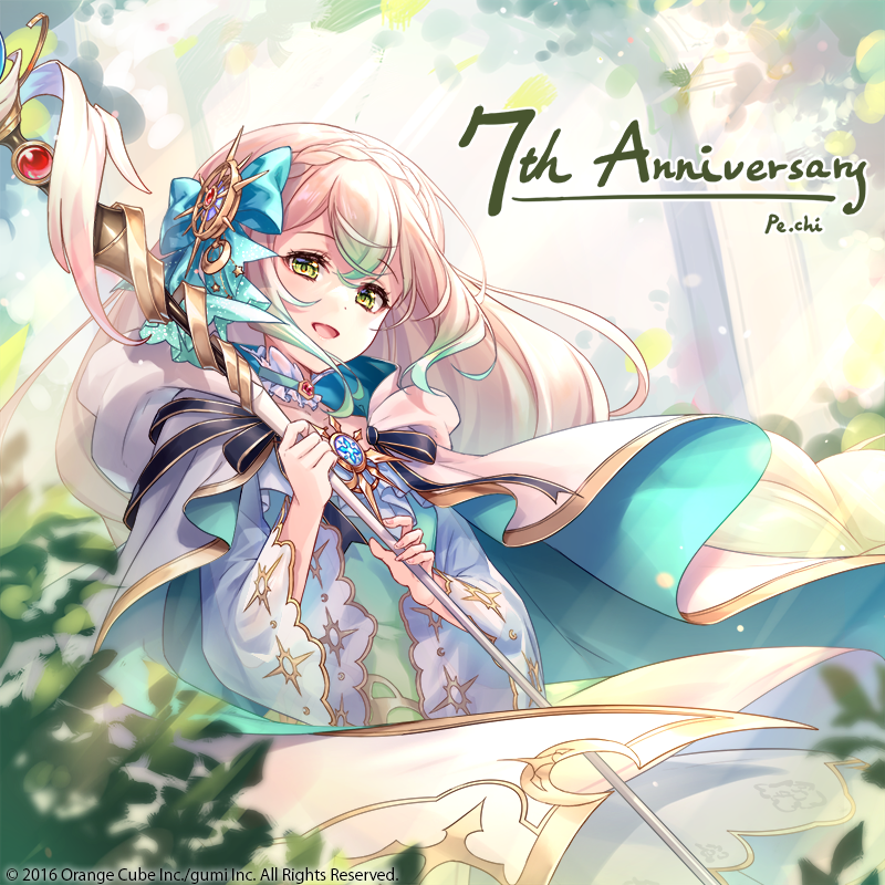 1girl, :d, anniversary, aqua_bow, artist_name, bow, braid, commentary_request