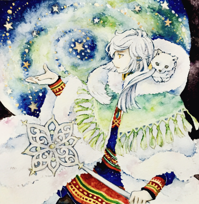 1girl, androgynous, animal_on_shoulder, cape, fur-trimmed_cape, fur_trim, green_shawl, greenleaves