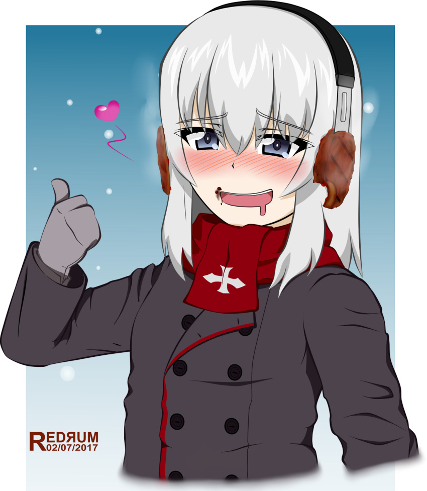 1girl, black_jacket, blue_eyes, blush, cross, drooling, earmuffs, girls_und_panzer