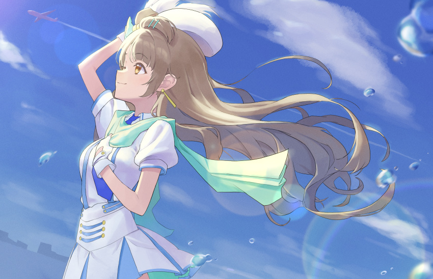 1girl, ;), absurdres, aircraft, airplane, beret, blue_sky, breasts