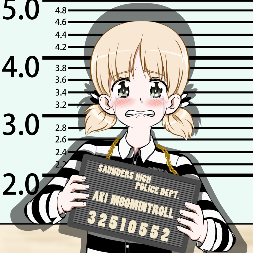 1girl, aki_(girls_und_panzer), crying, girls_und_panzer, grey_hair, height_mark, highres, holding_board