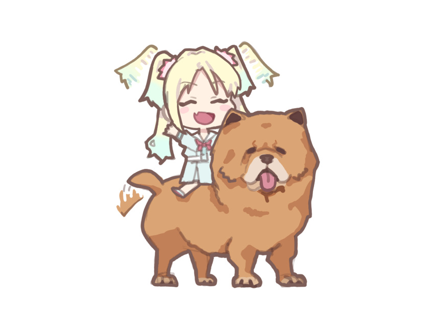1girl, :d, ^_^, blonde_hair, blue_dress, blue_hair, chow_chow, closed_eyes