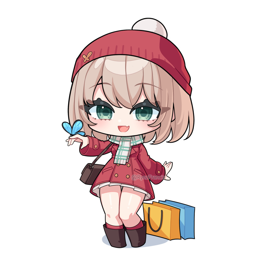 1girl, beanie, blonde_hair, blue_bag, blue_butterfly, blue_eyes, boots, breasts