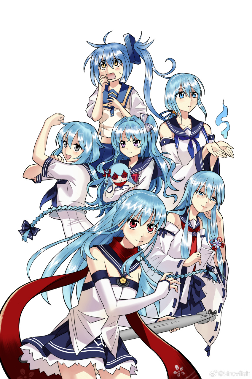 6+girls, absurdres, ahoge, arashi_(warship_girls_r), blue_eyes, blue_hair, blue_skirt, bow, braid, detached_sleeves, fubuki_(warship_girls_r), grey_eyes, hair_bow, hair_ribbon, hatsuyuki_(warship_girls_r), highres, japanese_clothes, kirovfish, long_hair, looking_at_viewer, low-tied_sidelocks, low_ponytail, miyuki_(warship_girls_r), multiple_girls, open_mouth, ponytail, red_eyes, red_scarf, ribbon, ribbon_trim, scarf, shirayuki_(warship_girls_r), side_braids, side_ponytail, simple_background, skirt, smile, twin_braids, violet_eyes, warship_girls_r, weibo_logo, weibo_watermark, white_background, yellow_eyes