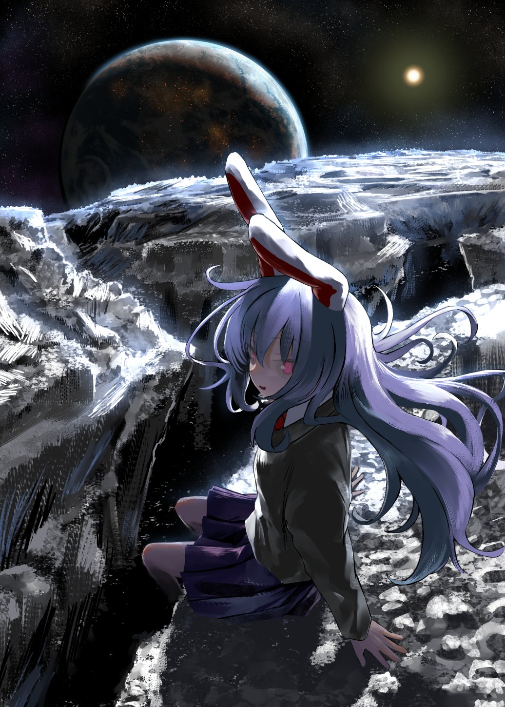 1girl, animal_ears, commentary, earth_(planet), full_body, grey_jacket, hand_on_ground, highres, jacket, kiyonetto, long_hair, long_sleeves, looking_at_viewer, moon, necktie, on_moon, open_mouth, pink_eyes, planet, purple_hair, purple_skirt, rabbit_ears, rabbit_girl, red_necktie, reisen_udongein_inaba, sitting, skirt, smile, solo, space, sun, touhou, very_long_hair, wide_shot