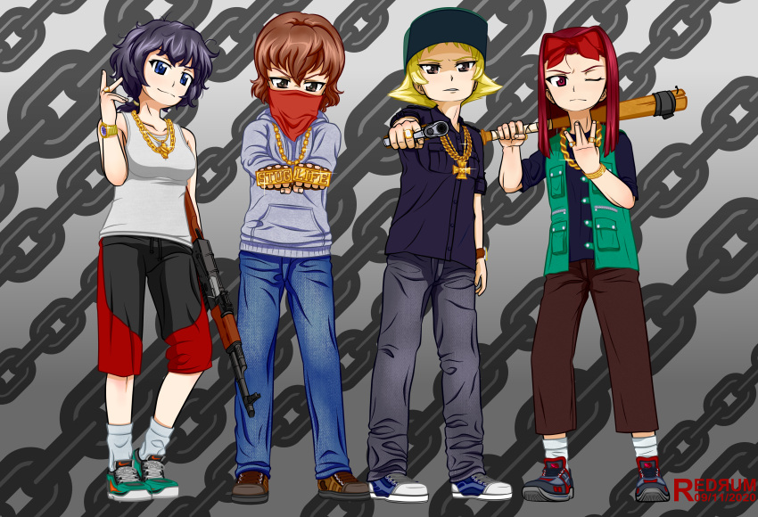 4girls, absurdres, alternate_costume, baseball_bat, black_hair, blonde_hair, brass_knuckles, brown_hair