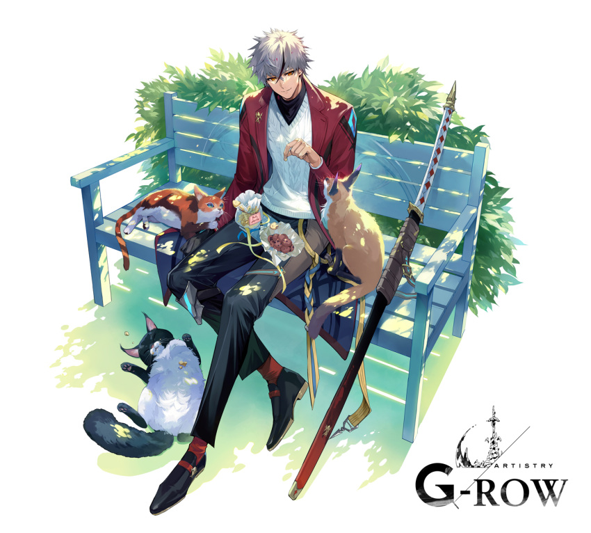 1boy, black_footwear, black_gloves, black_hair, black_pants, black_shirt, cat, closed_mouth