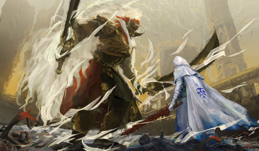 3boys, absurdly_long_hair, absurdres, armor, blonde_hair, braid, cloak, closed_eyes
