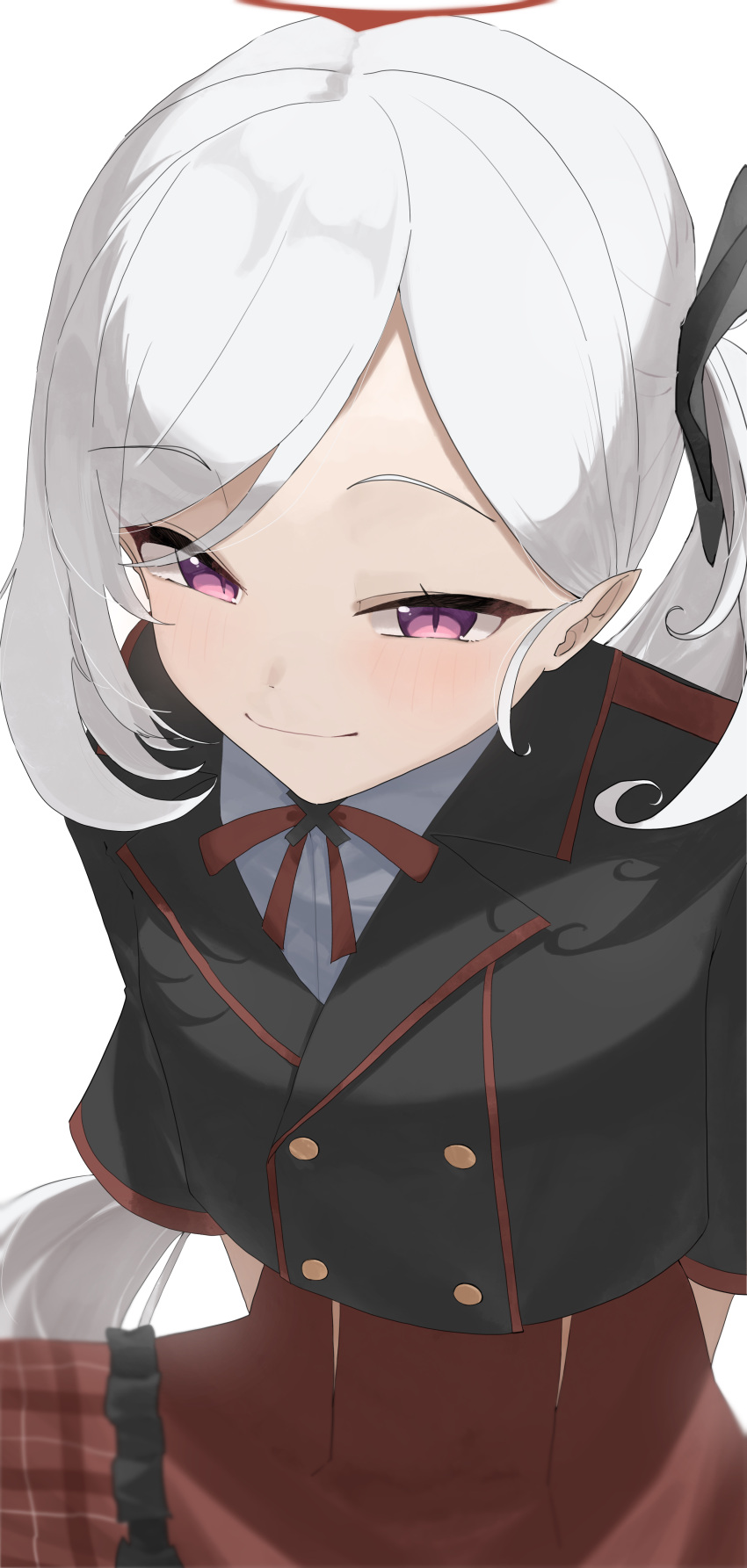 1girl, absurdres, black_jacket, black_ribbon, blue_archive, blush, closed_mouth, commentary_request