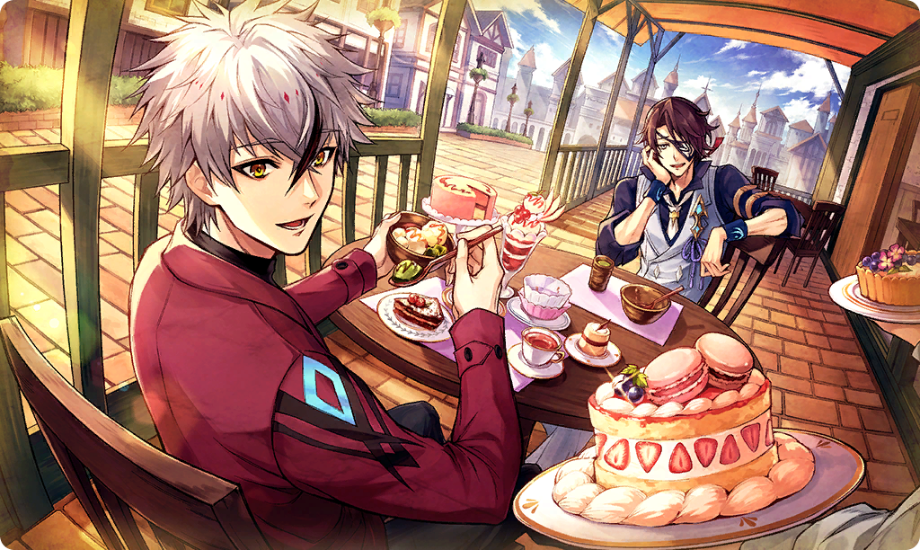 2boys, black_hair, blue_sky, cake, coat, collared_vest, commentary, creto_(ta_ga_tame_no_alchemist)