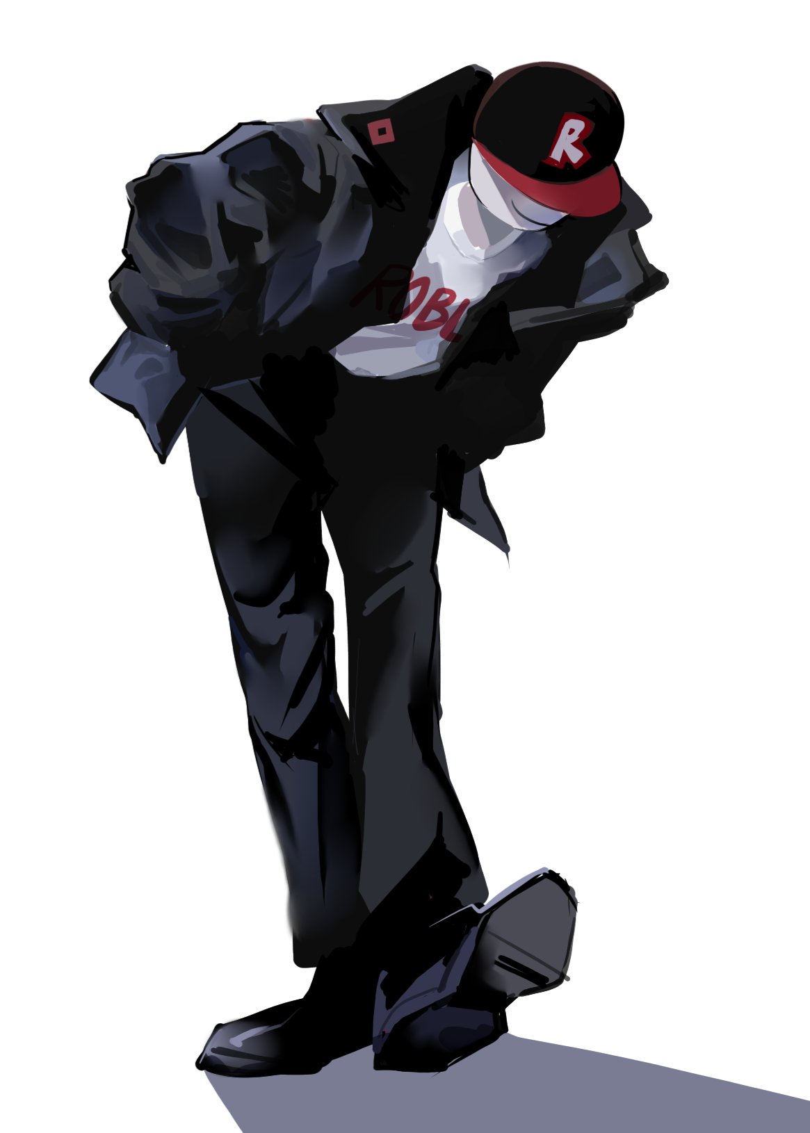1boy, baseball_cap, black_footwear, black_hat, black_jacket, black_pants, black_shirt, guest_(roblox), hands_in_pockets, hat, highres, jacket, leaning_forward, male_focus, modercated, pants, roblox, shadow, shirt, shoes, smile, solo, white_shirt