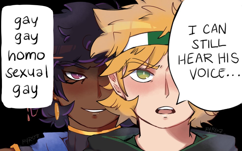 2boys, ancient_egyptian_clothes, black_background, black_hair, blonde_hair, bright_pupils, commentary, dark-skinned_male, dark_skin, derivative_work, english_commentary, english_text, evbo, gay_gay_homosexual_gay_(meme), green_eyes, headband, male_focus, meme, minecraft_youtube, multiple_boys, open_mouth, parkour_civilization, portrait, r4r0z_(radiantaro), seawattgaming, short_hair, simple_background, speech_bubble, striped_headband, violet_eyes, white_pupils