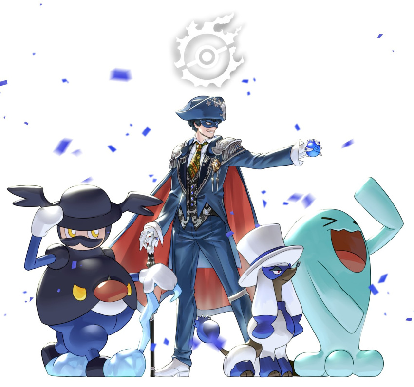 1boy, blue_mage_(final_fantasy), blue_mask, cane, cape, closed_eyes, final_fantasy, final_fantasy_xiv, furfrou, hat, hat_tip, highres, holding, holding_cane, martyn_(ff14), mr._rime, open_mouth, pirate_hat, pokemon, pokemon_(creature), potion_lilac, top_hat, wobbuffet, yellow_eyes