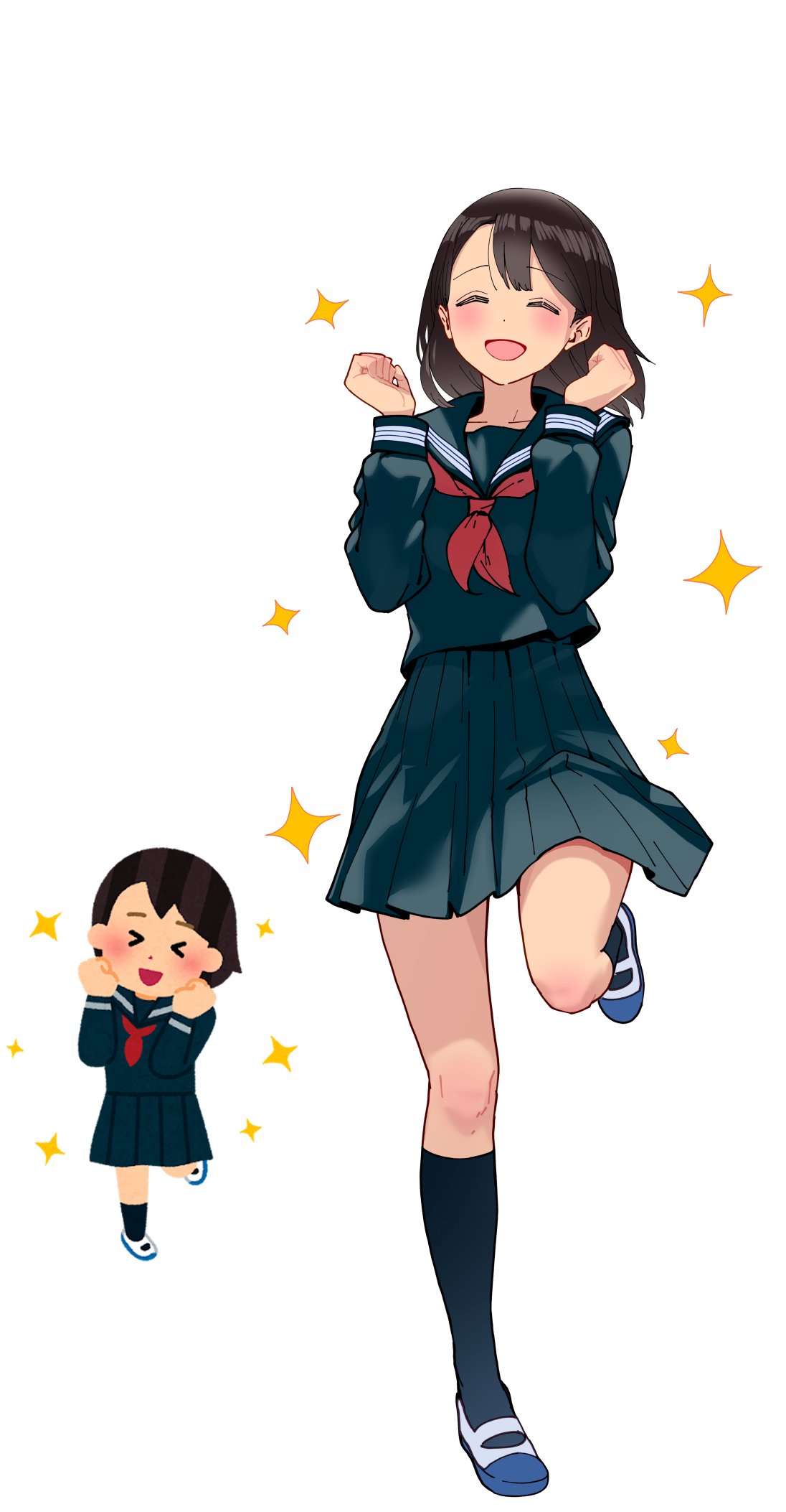 >_<, 1girl, black_hair, black_shirt, black_skirt, blush, brown_hair, closed_eyes