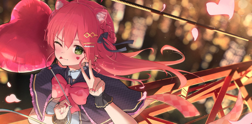 1girl, ;q, ahoge, aisu_(aicetkr), animal_ear_hairband, animal_ears, balloon, black_ribbon