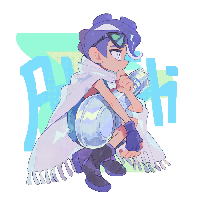 1boy, bakori514_(h_akka), bare_arms, bishounen, black-framed_eyewear, black_footwear, blue_background, blue_gloves