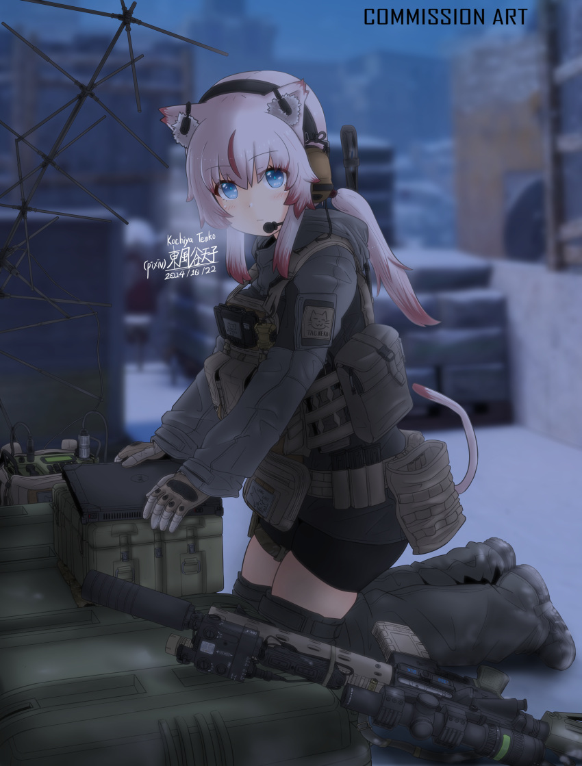 1girl, absurdres, ammunition_pouch, animal_ears, ar-15, blue_eyes, gloves, gun