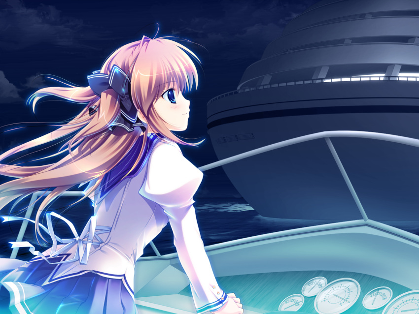 asuka_mirai, blue_eyes, brown_hair, game_cg, mikeou, nanairo_kouro, night, seifuku